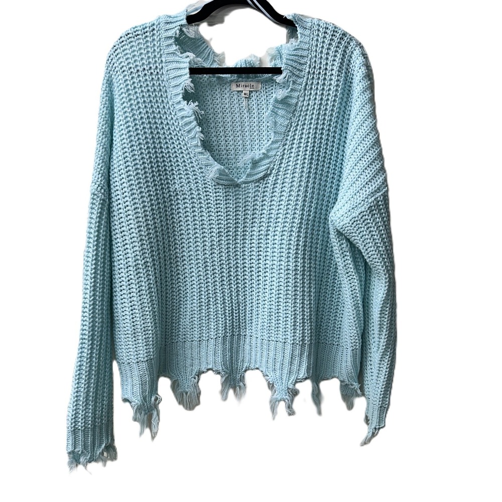 Miracle USA Light Blue Distressed V-Neck Sweater‎ M/L Pullover - Picture 2 of 16